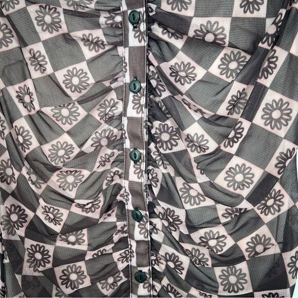 Urban Outfitters Riko Mesh Button Front Mini Dress Ruched Floral Bodycon XS - Picture 4 of 13